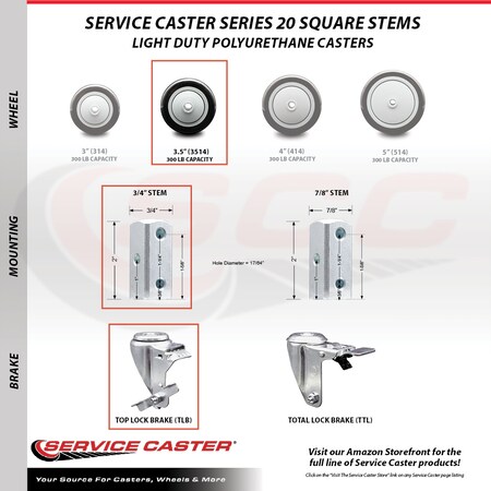 Service Caster 3.5 Inch Black Poly Wheel Swivel 3/4 Inch Square Stem Caster Set with Brake SCC SCC-SQ20S3514-PPUB-BLK-TLB-34-4